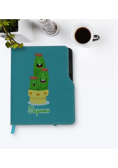 Kişiye Özel Kaktüs Tasarımlı Turkuaz Termo Deri Defter-9 Yeşil