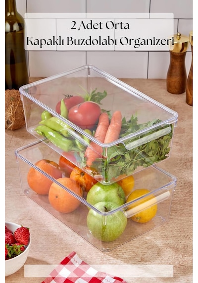 2 Li Kapaklı Buzdolabı Organizeri & Buzdolabı Düzenleyici 4,5 Lt Şeffaf