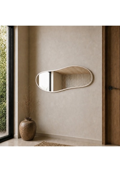 Modern Organik Form Banyo Aynası 40x120 Cm Asimetrik Minimalist Dekoratif Duvar Aynası Beyaz