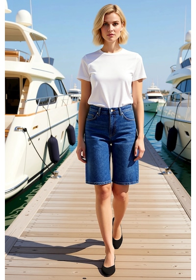 Benerly Kadın Yüksek Bel Geniş Paça Denim Bermuda Düz Desen Rigid Dokuma Koyu Mavi