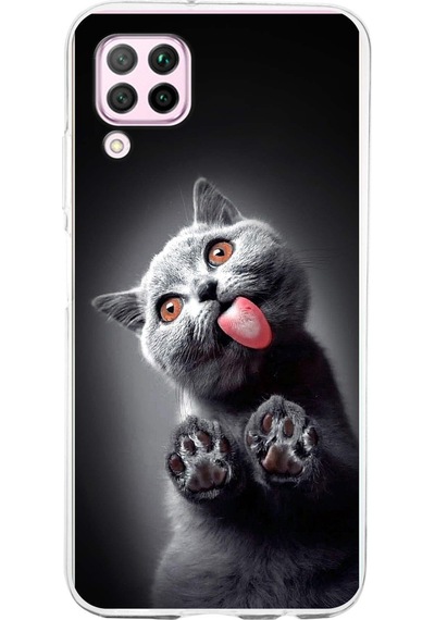 Huawei P40 Lite İle Uyumlu 1mm Slim Fit Kedi 2 050c Baskılı Şeffaf Kılıf