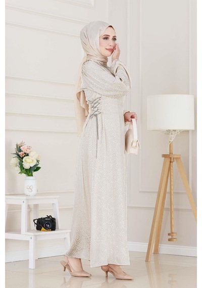 Buse Yanı Bağcıklı Saten Abiye-bej-4999