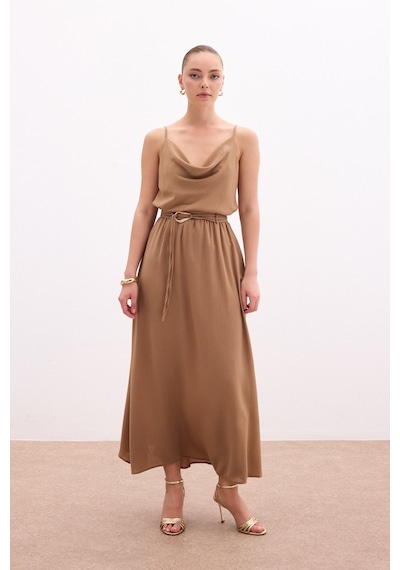 Sateen Kemerli Uzun Etek - Vizon-136083 Vizon