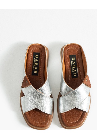 Dabab Shoes Narel Kadın Gümüş Hakiki Deri Düz Taban Çapraz Bant Terlik Sandalet