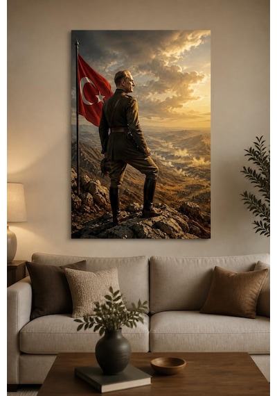 Atatürk Temalı Baskılı Cam Tablo Türk Bayrağı Manzara Dekorasyonu