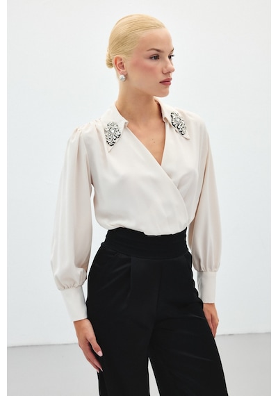Sateen Aksesuar Detaylı Bodysuit Bluz - Bej-136191 Bej