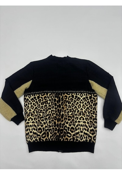 Büyük Beden Çiçek Motifli Leopar Desenli Peluş Detaylı Cepli Fermuarlı Kadın Mont