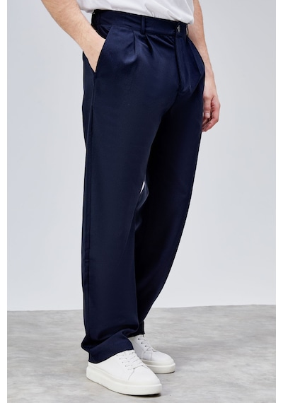 HLT Jeans Erkek Lacivert Çift Pileli Rahat Kesim Beli Lastikli Bol Paça Baggy Pantolon Albert-1989 Lacivert