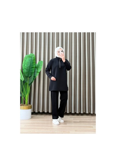 Maşuka Scuba Kumaş Tunik Pantolon Takım Siyah Siyah