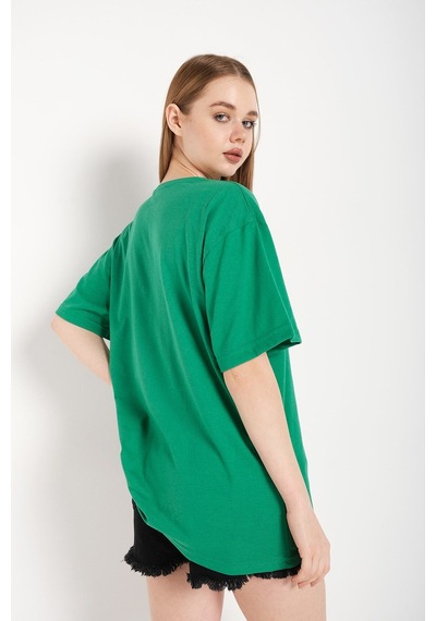 Flood Of Style Kadın Yeşil Happıness Baskılı Oversize Tshirt