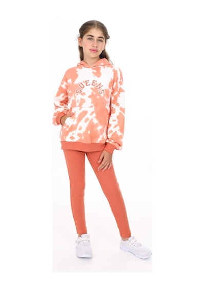 Toontoy Kids Toontoy Kız Çocuk 2'li Takım Baskılı Kapüşonlu Düşük Omuz Cepli Sweatshirt & Basic Düz Tayt Kiremit