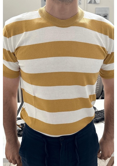 Cool Tarz Erkek Renk Bloklu Yuvarlak Yaka Örme T-shirt Beyaz-sarı Beyaz-sarı