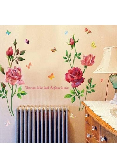 Kırmızı Gül Tomurcuk Romantik Dekor Süsleme 3d Renkli Güller Kelebek Ev Duvar Sticker Pvc Diğer
