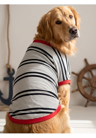 Yacht Club Marin Çizgili Orta Ve Büyük Irk Köpek Tişörtü Lacivert Kırmızı Yazlık Köpek Kıyafeti