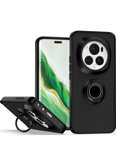 Honor Magic 6 Pro Uyumlu Kılıf Yüzüklü Standlı Extra Darbe Koruma Sert Silikon Kapak - Siyah Siyah