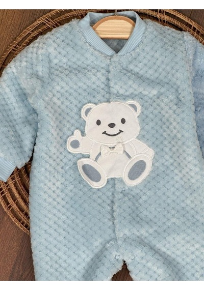 101 Dalmaçyalı Peluş Ayıcık Nakışlı Patikli Çıtçıtlı Kışlık Erkek Bebek Tulum Buz Mavi