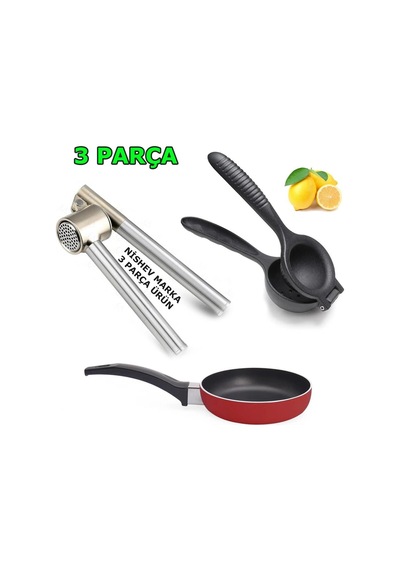 Nishev Premium 3 Parça Mutfak Seti Döküm Limon Sıkacağı, Koncis Sarımsak Ezici & Mini Teflon Tava Diğer