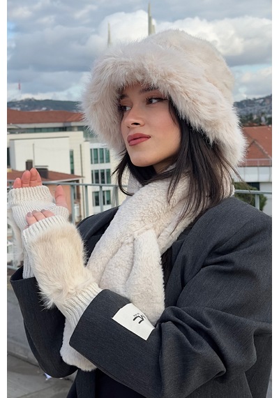 Mollycrush Kadın Peluş Kürk Kışlık Şapka Boyunluk Eldiven Seti 3 Lü Soft Takım Bej