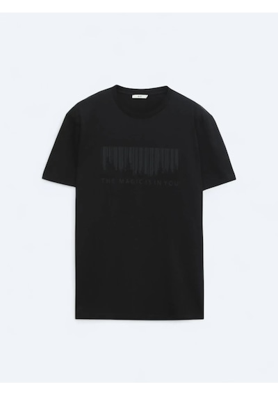 Kip Siyah Bisiklet Yaka %100 Pamuk T-shirt Siyah