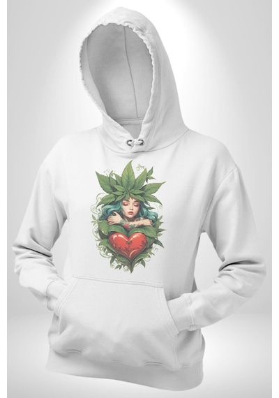 Kalp Parmak Kız Yeşillik Mutluluk Kadın Erkek Beyaz Kapüşonlu Sweatshirt Hoodie Beyaz