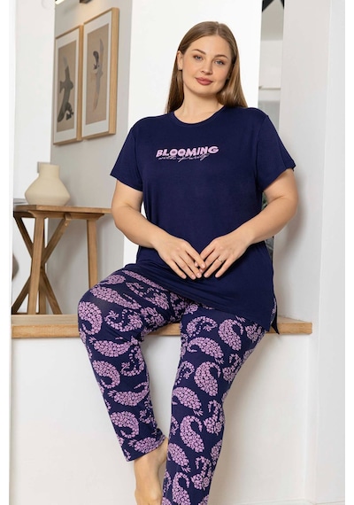 Aydoğan Kadın İnci Büyük Beden Kısa Kol Lacivert Pijama Takım 0064 Lacivert