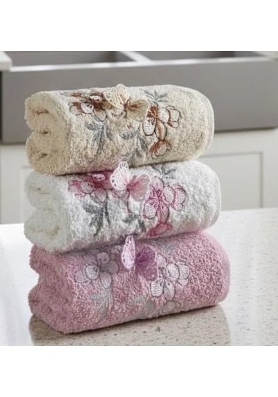 3lü Lüks %100 Pamuklu Mutfak Havlusu Seti 3d Kelebek Aplikeli 30x50 Cm Çok Renkli