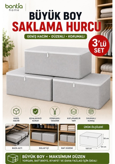 Büyük Boy Saklama Hurcu 3'lü Set 100x50x50 Cm Fermuarlı Hurç Yorgan Battaniye Kıyafet Düzenleyici Baza Altı Ve Dolap İçi Saklama Kutusu Krem