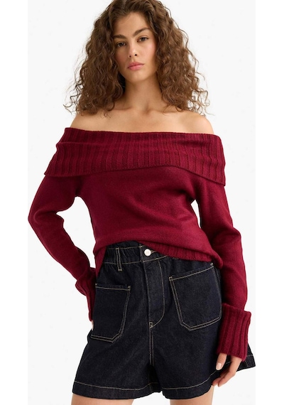 Defacto Slim Fit Dar Kesim Açık Omuz Kazak E8345ax25wnbr456 Bordo