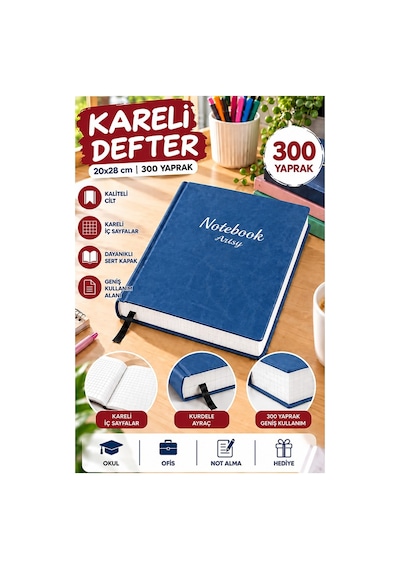Ciltli Kareli Defter 300 Yaprak 20x28cm 1 Adet Çok Yapraklı Sert Kapaklı Not Hesap Defteri Okul Ofis Büro Mavi