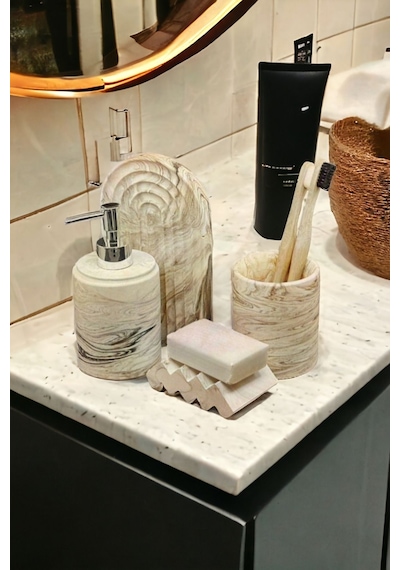 Mermer Serisi Bej Banyo Seti ,sıvı Sabunluk Diş Fırçalığı Beton Aksesuar Takım Gri