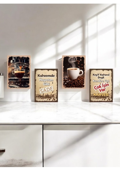 4 Parça Dekoratif A4 Mdf Tablo, Cafe Tabloları , Kahve Köşesi Tabloları , Duvar Tabloları , Çerçeve Görünümlü Dekoratif Hediyelik