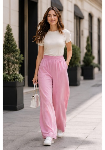 Hb Harma Time Butik Kadın Beli Lastikli Çilek Kumaş Pembe Salaş Pantolon Pembe Pembe