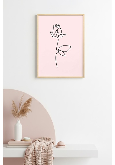 Doğal Ahşap Çerçeveli Retro Çizgi Desenli Gül Tablo - Minimalist Huhu2350