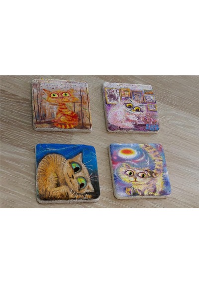 Renkli Kediler Doğal Taş Bardak Altlığı 4'lü Set - Natural Stone Coasters - Taş Çok Renkli