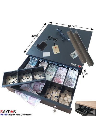 Açma Butonlu Ve Montaj Askılı Takım 5 Banknot Gözlü Anahtardan Açılır Para Çekmecesi 40,5x42x11cm