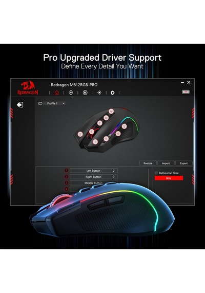 M612 Pro Rgb Oyun Faresi, 8000 Dpı Kablolu/kablosuz Optik Oyuncu Faresi, 9 Programlanabilir Tuş Ve Arka Plan Aydınlatması, Bt & 2.4g, Yazılım Destekli, Rapid Fire Button M612 Pro Rgb Oyun Faresi, 8000 Dpı Kablolu/kablosuz Optik Oyuncu Faresi, 9 Programlanabilir Tuş Ve Arka Plan Aydınlatması, Bt & 2.4g, Yazılım Destekli, Rapid Fire Button