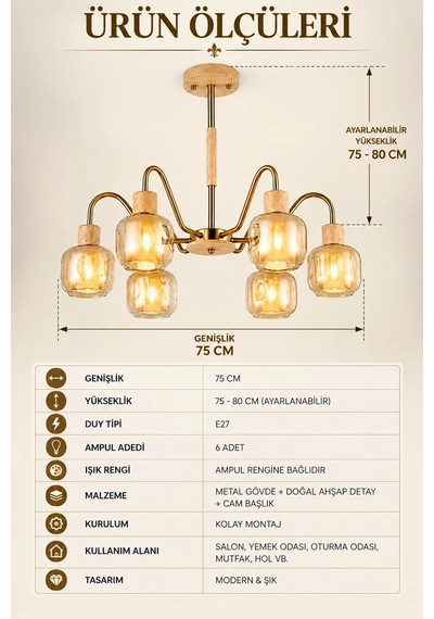 Modern Premium Doğal Ahşap Detaylı Gold Gövdeli 6'lı Amber Camlı Modern Avize 6xe27