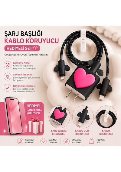 İphone 15 Plus Uyumlu Nano Ekran Koruyucu Hediyeli Şarj Başlığı & Kablo Koruyucu Koruma Seti Açık Mavi