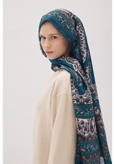 Mirsoy Scarf Almira Pamuk Etnik Desen Şal Petrol