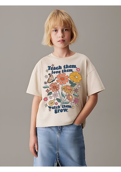 Uyguntarz Çocuk Teach Them Acbaskılı Pamuklu Tshirt Bej