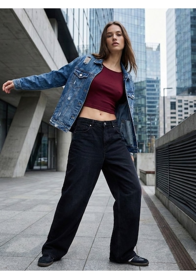LTB Uzun Kollu Bisiklet Yaka Crop Bordo Sweatshırt Karışık