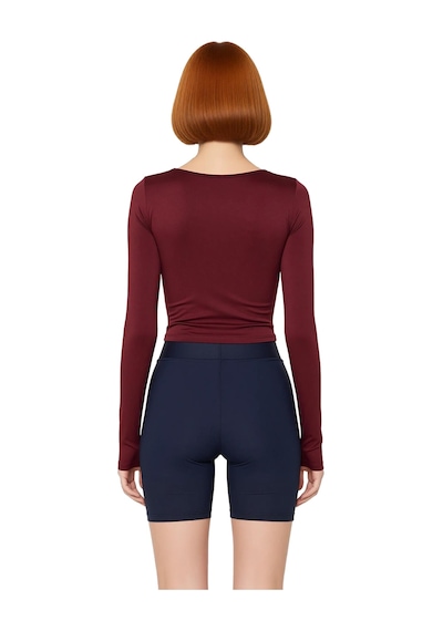 Ersefa Moda Bisiklet Yaka Örme Fit Düz Desen Sportswear Crop Uzun Kol Bl bordo