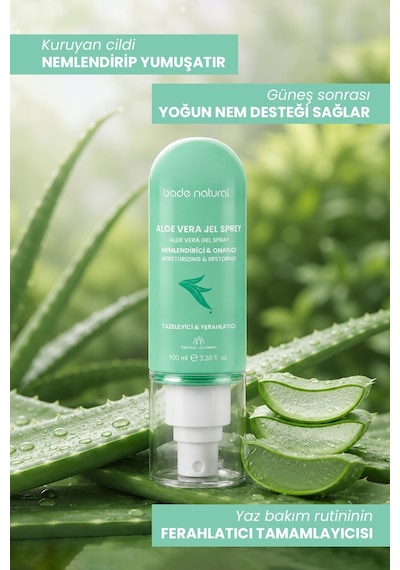 Bade Natural Aloe Vera Onarıcı Jel Sprey Güneş Sonrası Nemlendirici %100 Doğal 100 ML