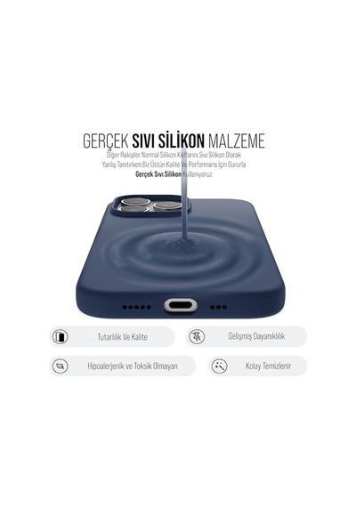 İphone Kılıf İnce Sıvı Silikon 3 Katmanlı Tam Kaplamalı Yumuşak Jel Kauçuk Kılıf Kapak, Açık Lacivert İpho