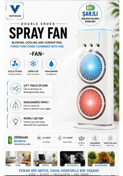 Çift Başlıklı Sprey Fan Nemlendirici Ve Renkli Led Işıklı Beyaz İtem0015kbeyafan4