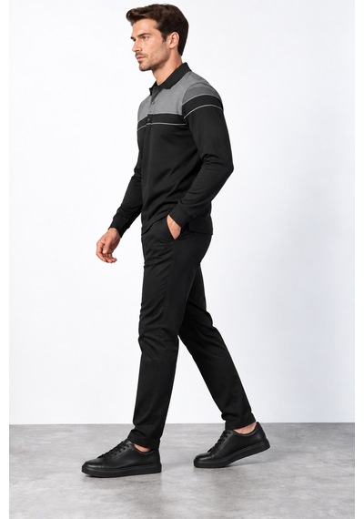 Bihan Store Erkek Polo Yaka Uzun Kollu Sweatshirt W27-8324 - Siyah