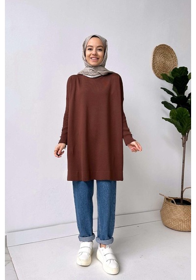 Kahijab Kol Detay Merserize Tunik - Kahverengi