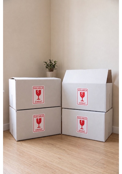 15 Adet Ev Taşıma Kolisi 52x35x28 Cm Bc Dalga Beyaz Koli + 15 Adet Kırılabilir Etiketi Dayanıklı Taşıma Kolisi