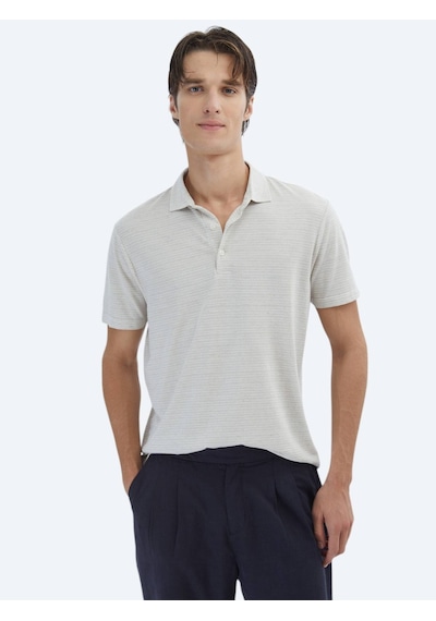 Kip Bej Çizgili Polo Yaka Pamuk Karışımlı T-shirt Bej