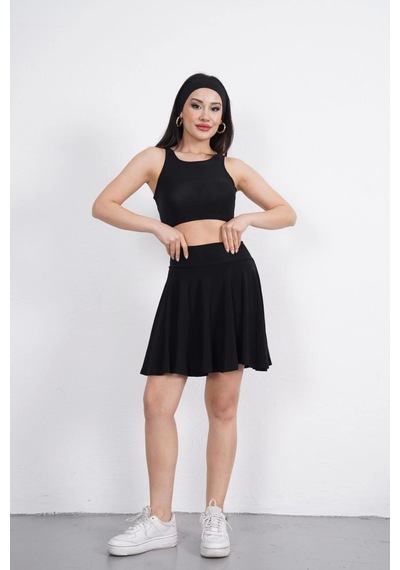 Moda Assema Sendy Kumaş Bisiklet Yaka Crop Şortlu Etek İkili Takım - Siyah Çok Renkli Moda Assema Sendy Kumaş Bisiklet Yaka Crop Şortlu Etek İkili Takım - Siyah Çok Renkli